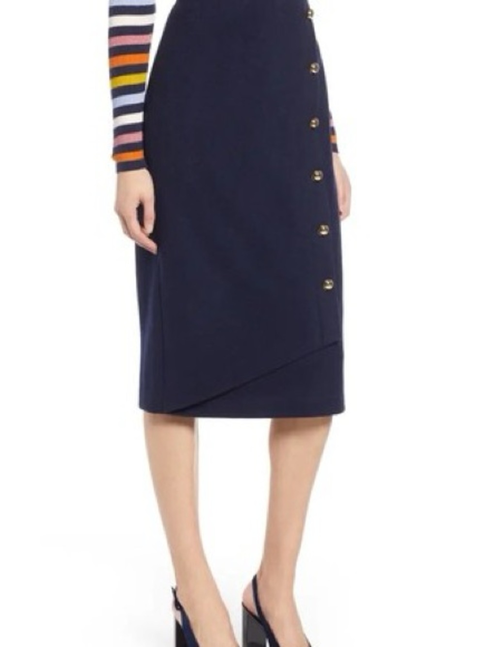 Halogen Navy Asymmetrical Button Midi Skirt